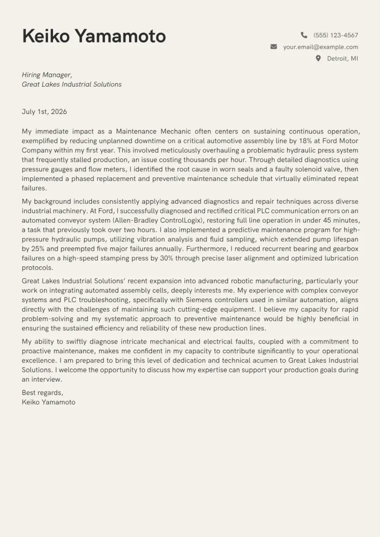 Maintenance Mechanic cover letter example preview