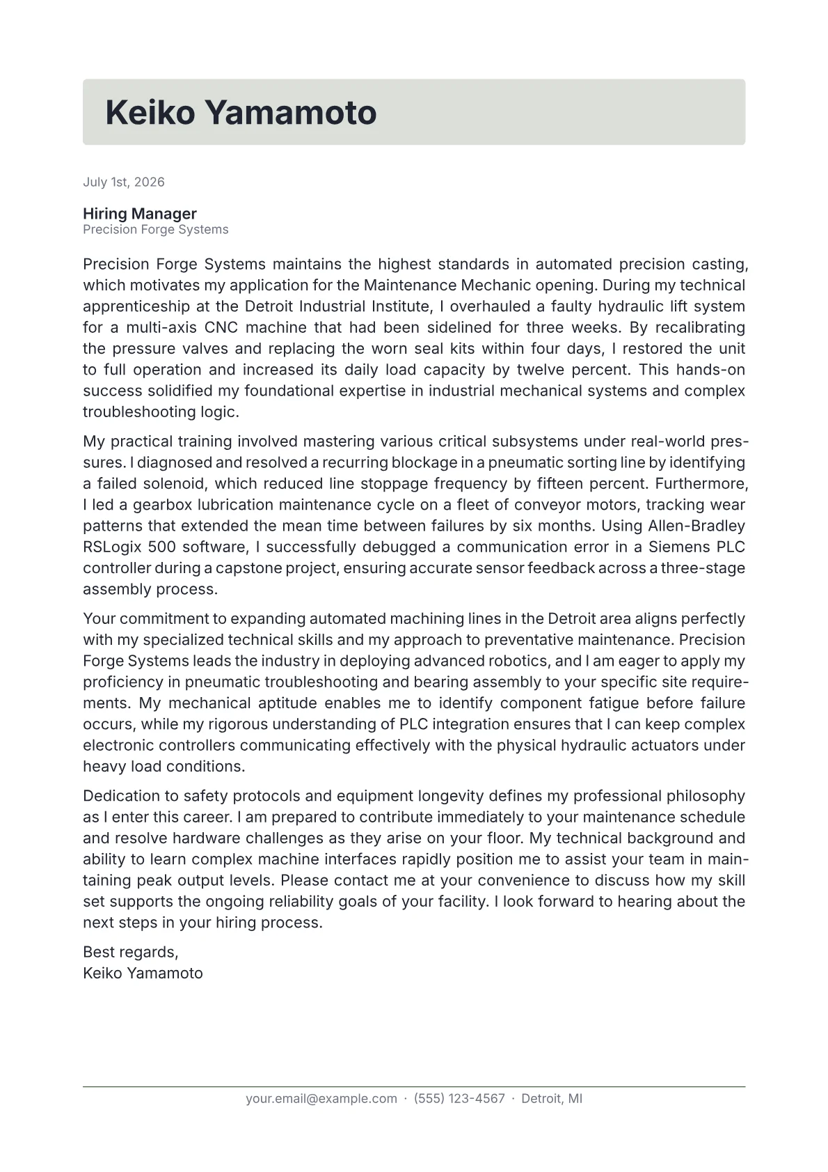 Maintenance Mechanic cover letter in the Letterhead design