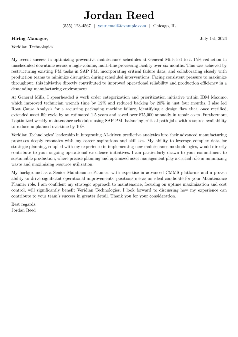Maintenance Planner cover letter example preview