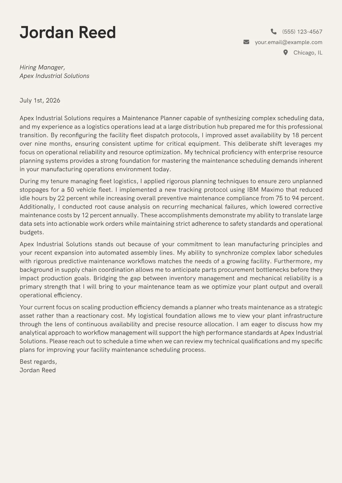 Maintenance Planner cover letter in the Creative design
