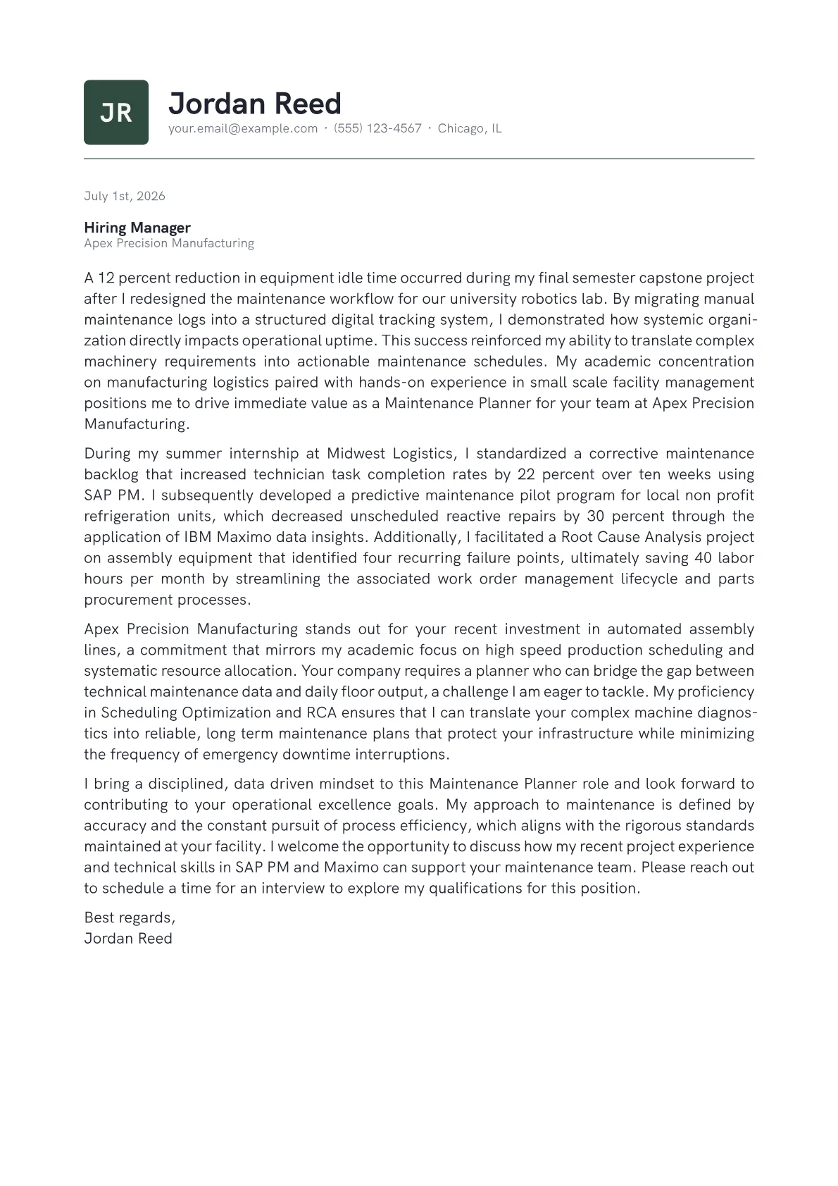 Maintenance Planner cover letter in the Emblem design