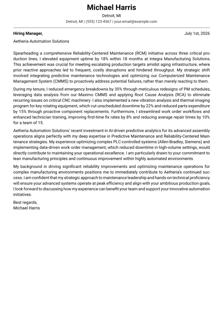 Maintenance Supervisor Cover Letter Example