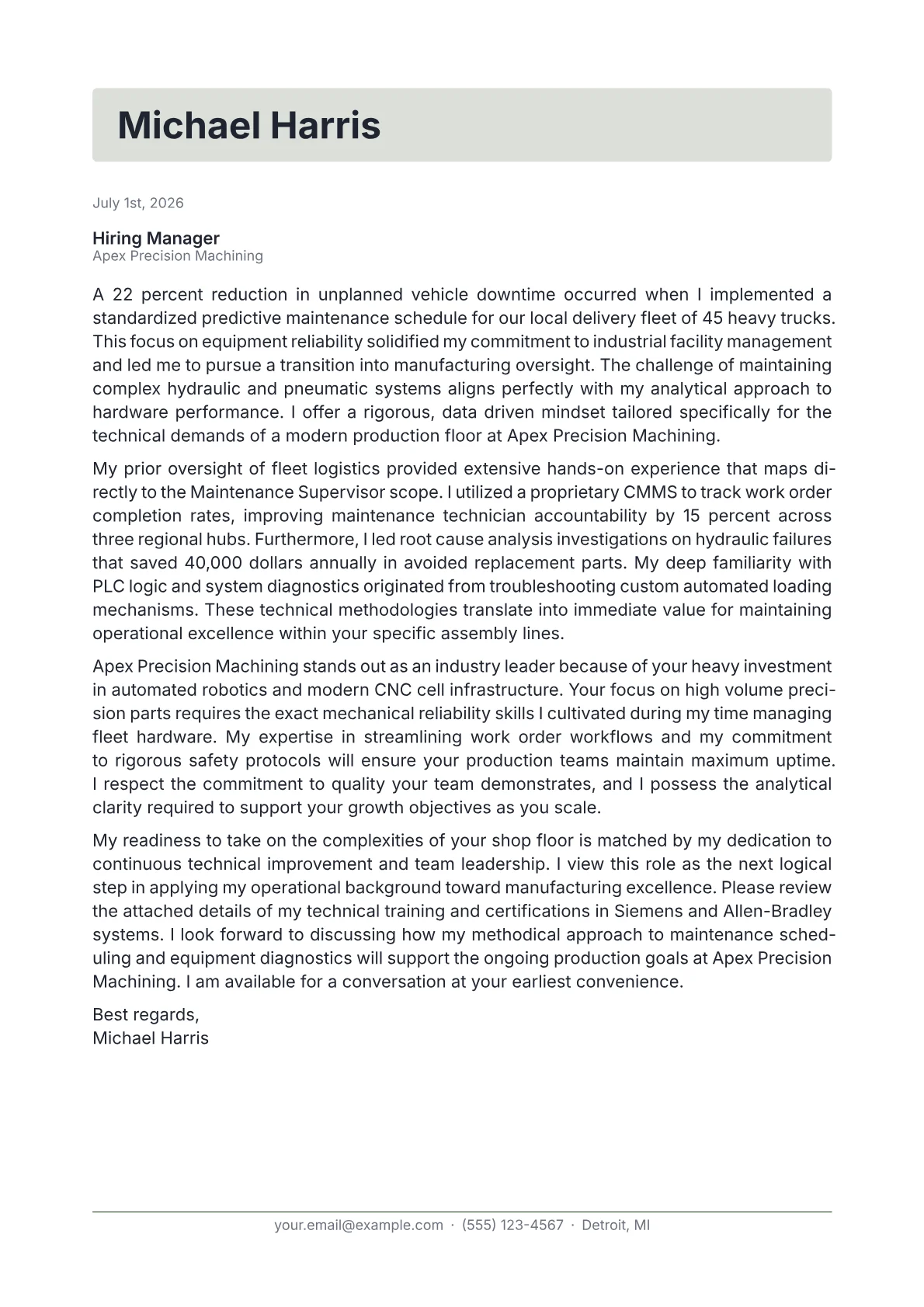 Maintenance Supervisor cover letter in the Letterhead design
