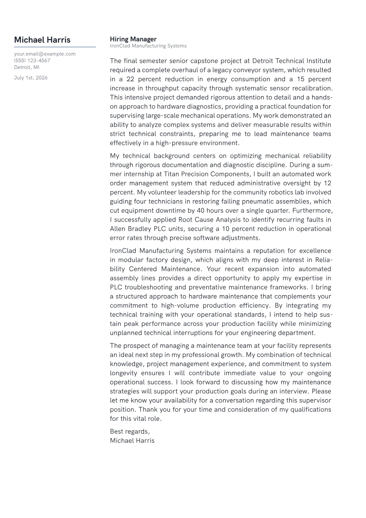 Maintenance Supervisor cover letter in the Margin design