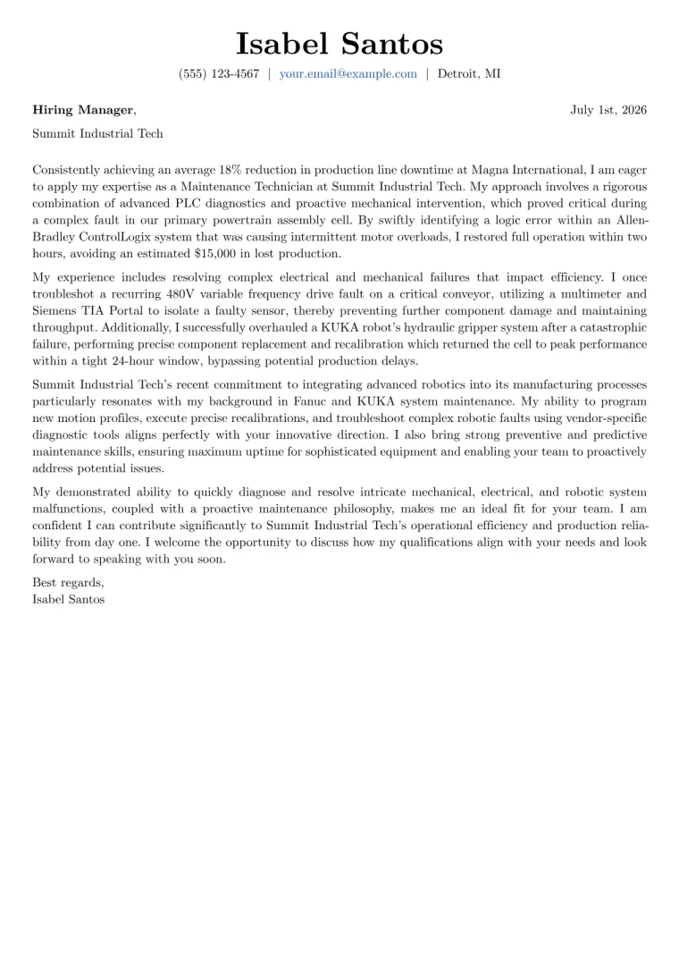 Maintenance Technician Cover Letter Example