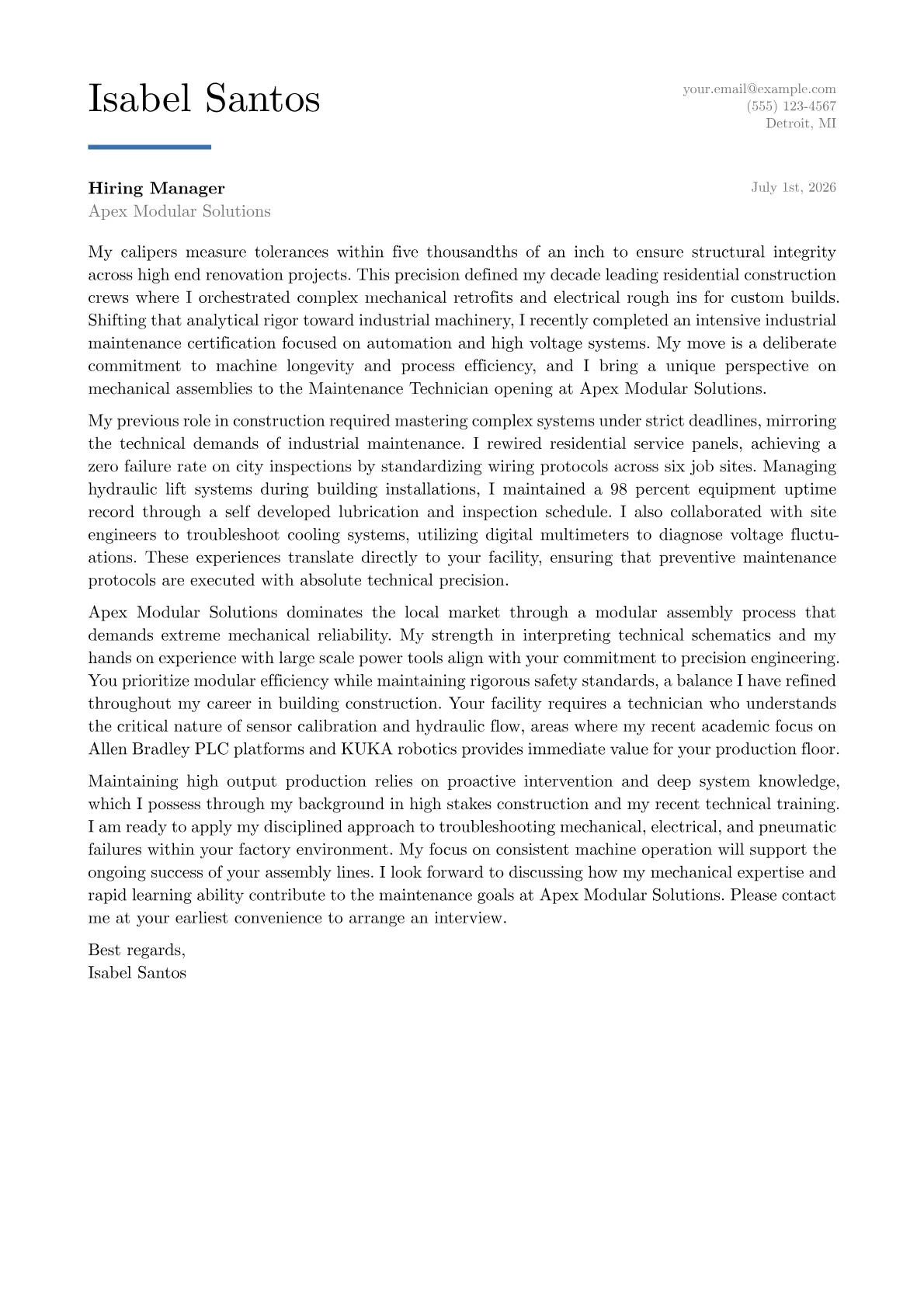Maintenance Technician cover letter in the Executive design