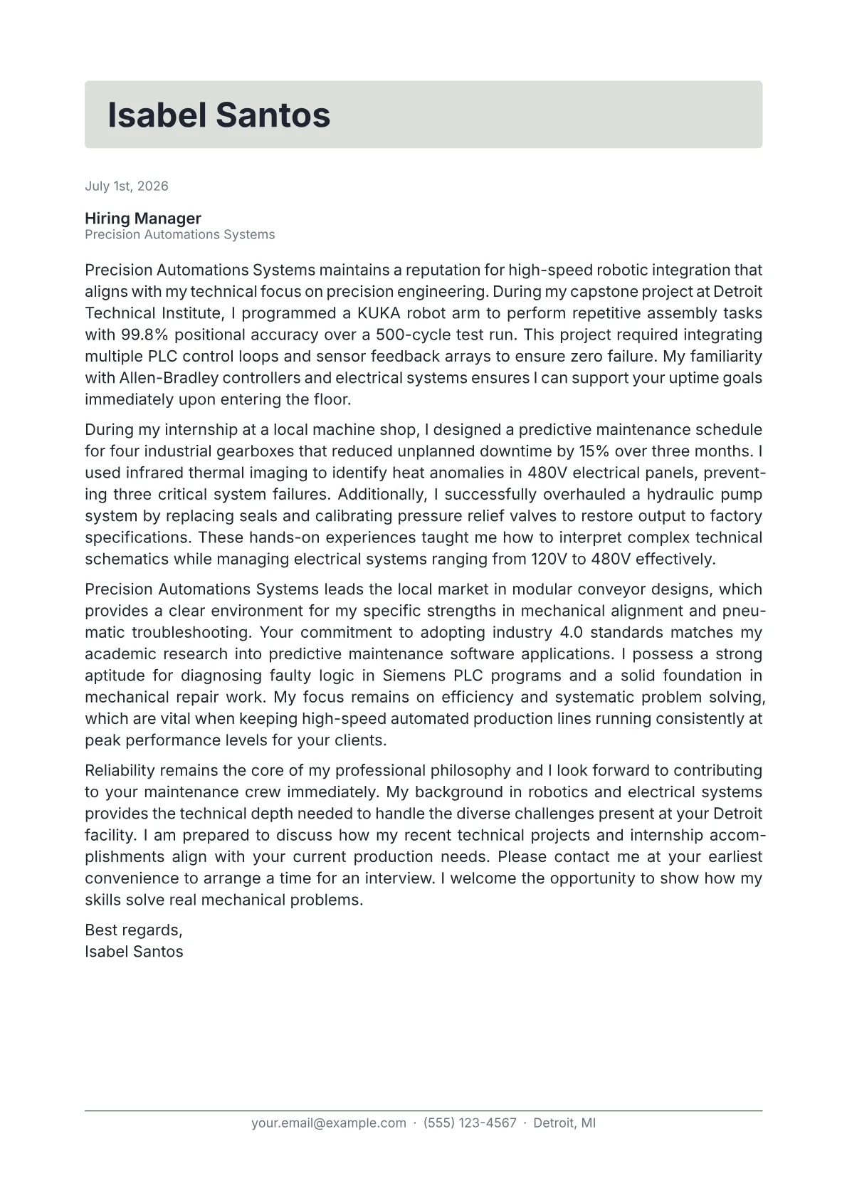 Maintenance Technician cover letter in the Letterhead design