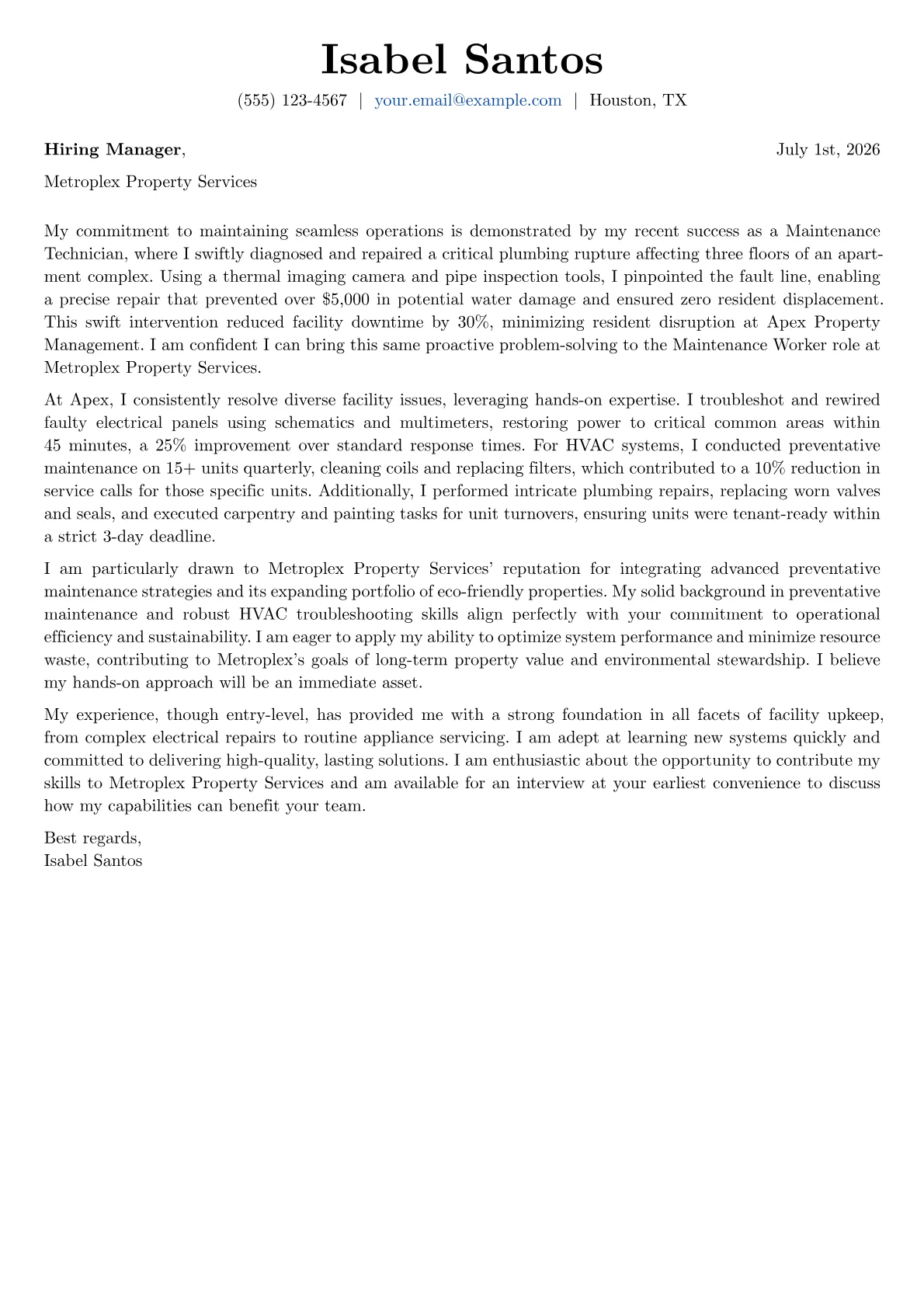 Maintenance Worker cover letter formatted with a JobSprout template
