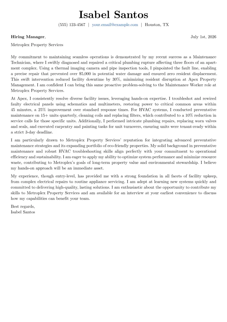Maintenance Worker Cover Letter Example