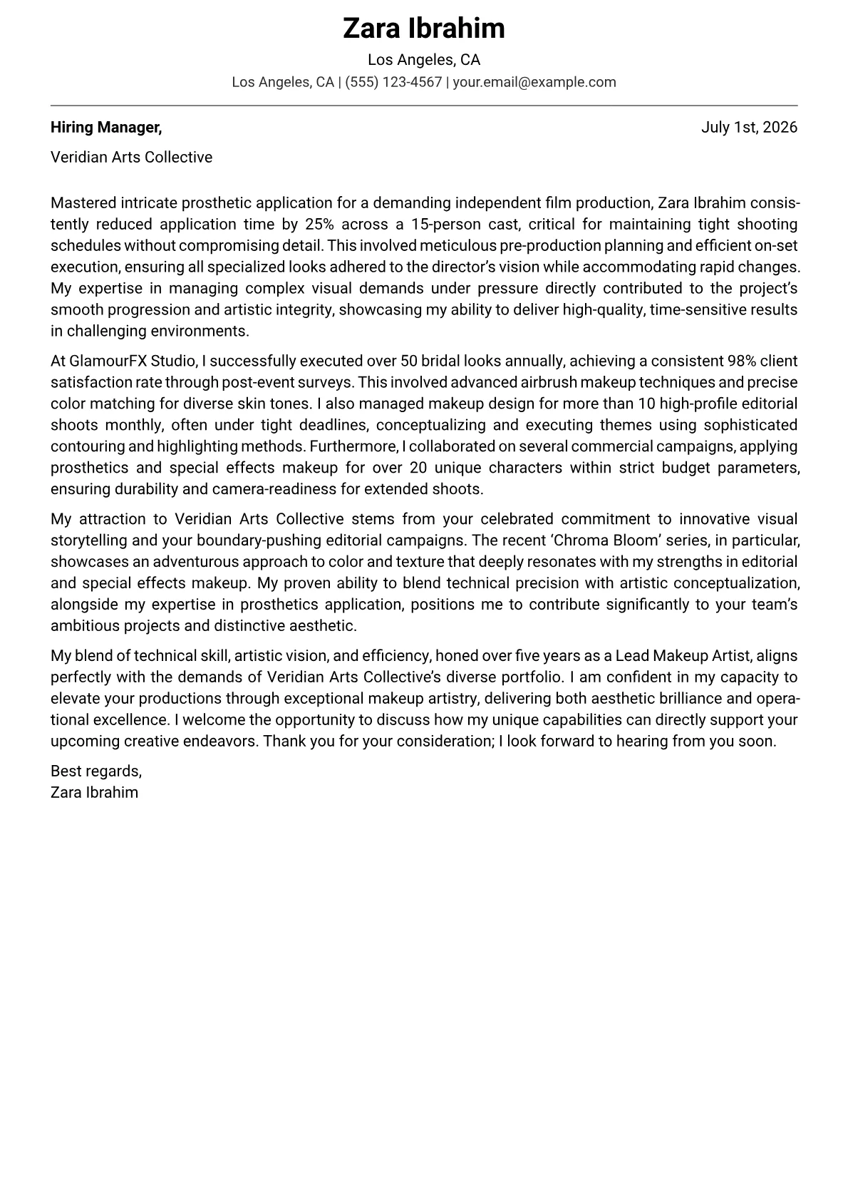 Makeup Artist cover letter formatted with a JobSprout template