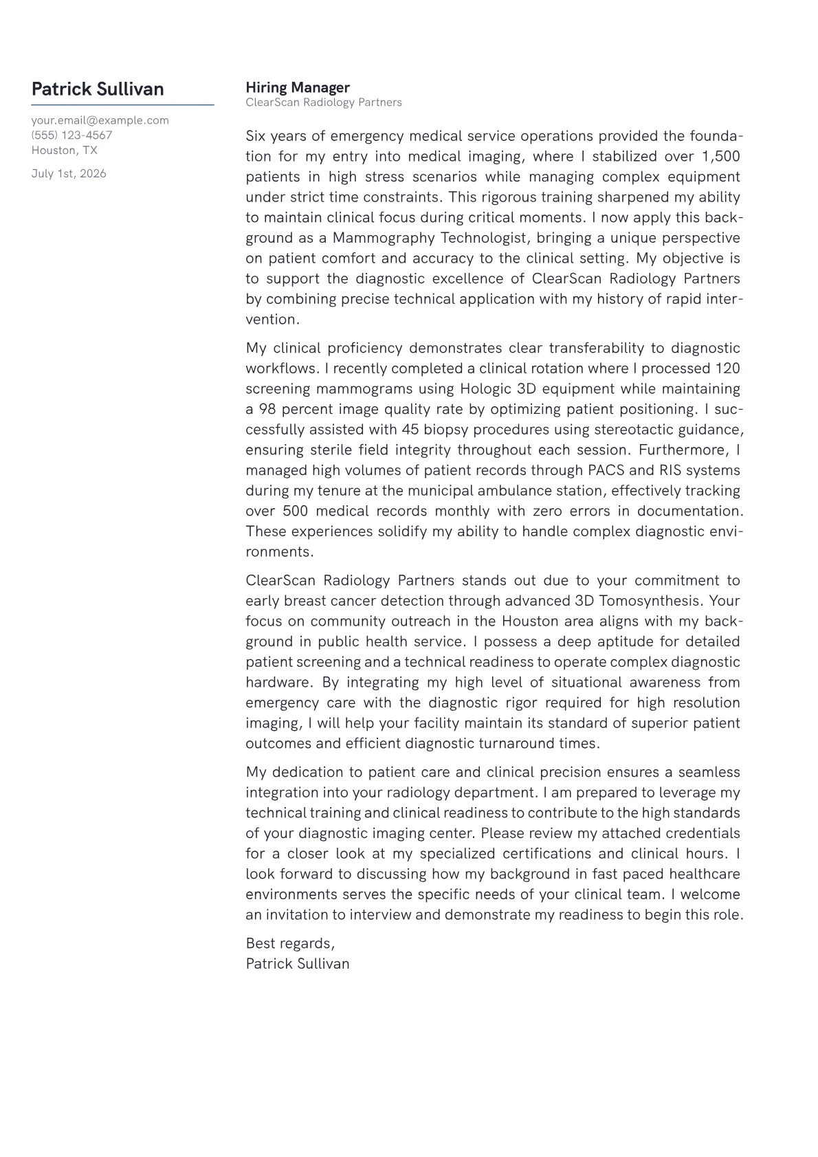 Mammography Technologist cover letter in the Margin design