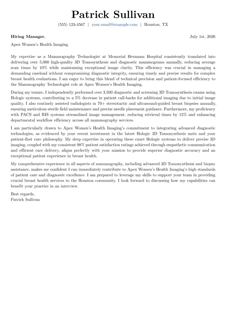 Mammography Technologist cover letter example preview