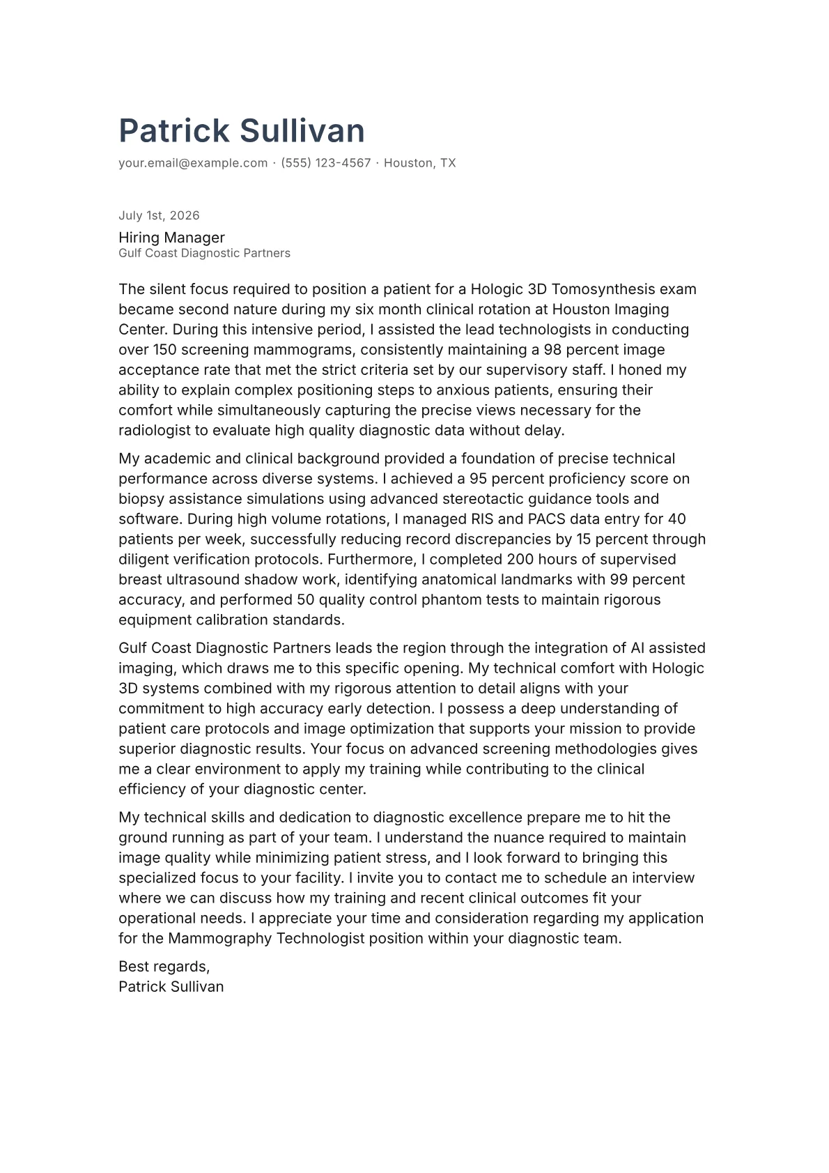 Mammography Technologist cover letter in the Minimal design