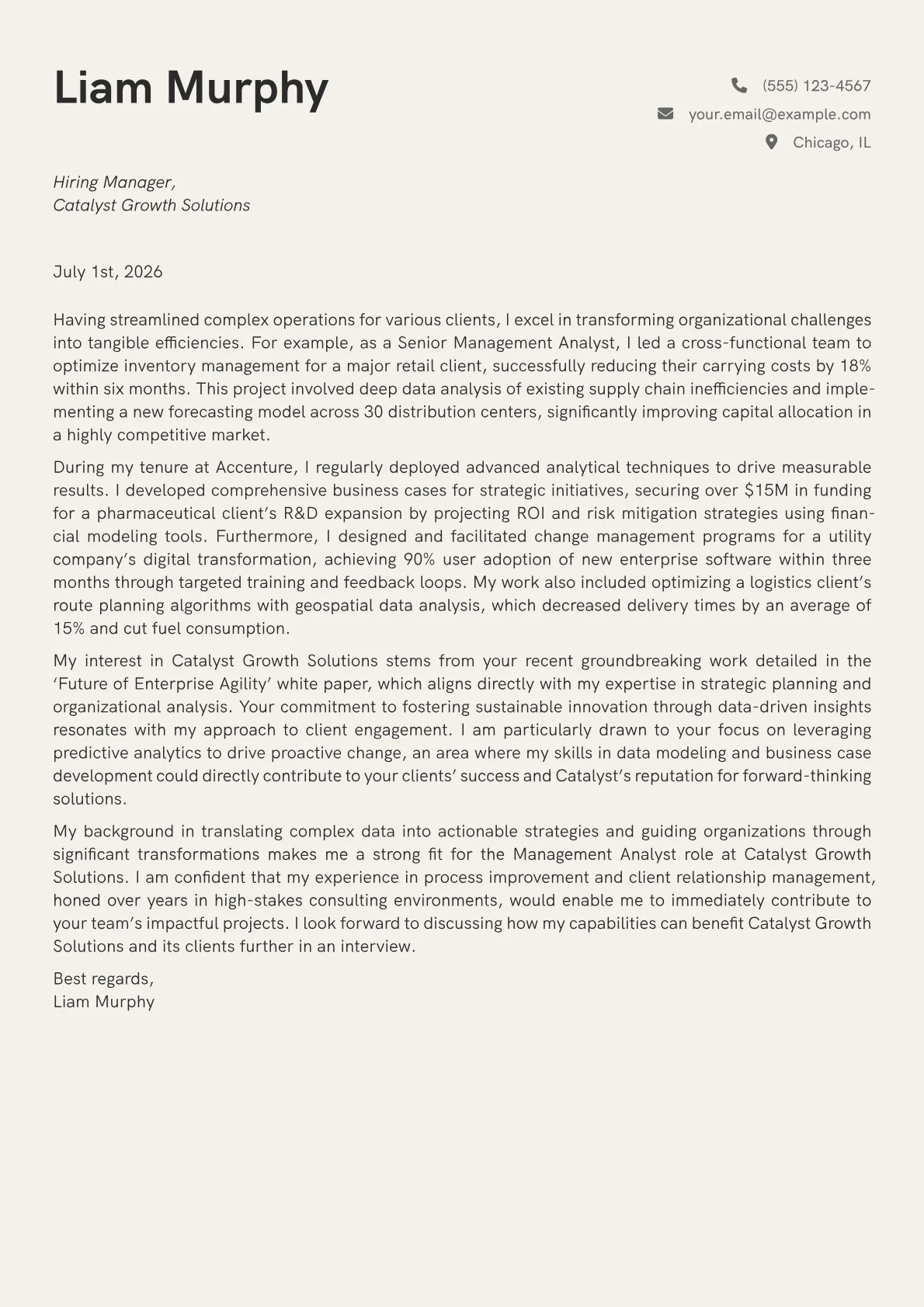Management Analyst cover letter formatted with a JobSprout template