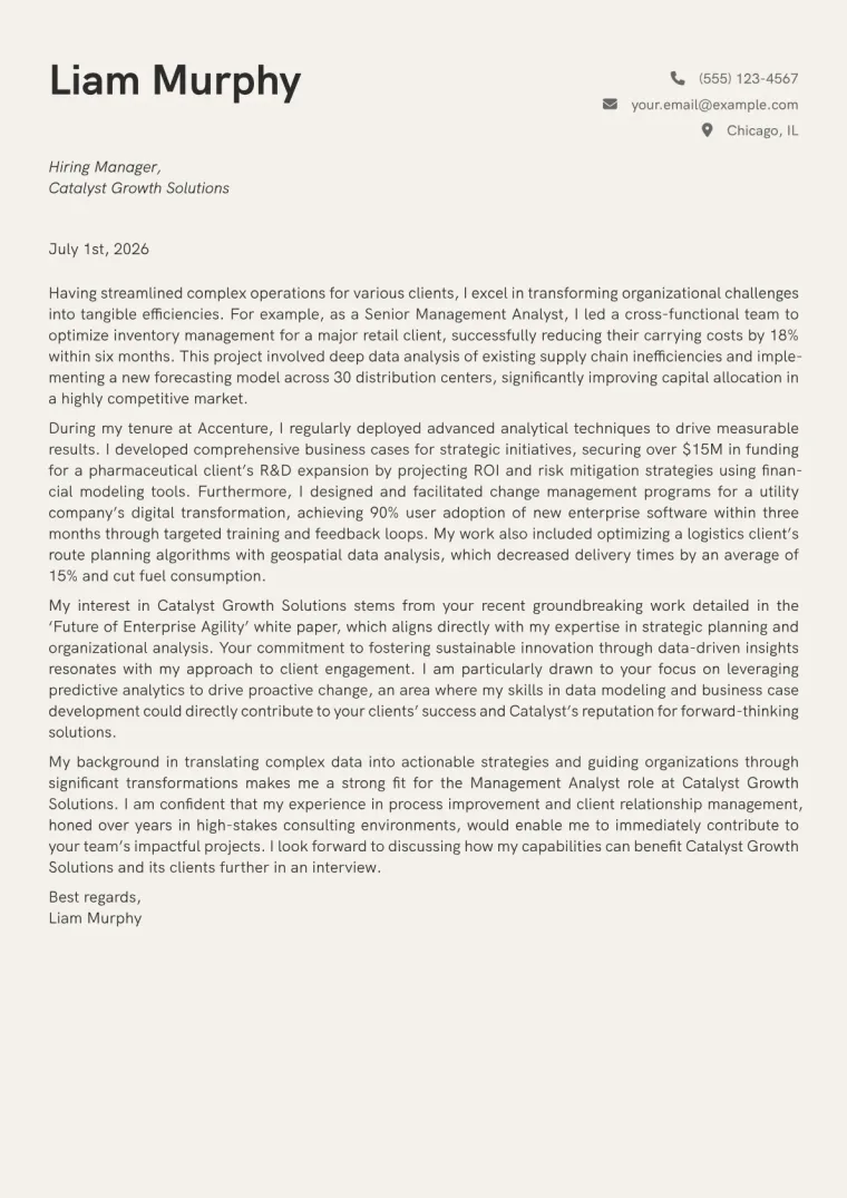 Management Analyst Cover Letter Example