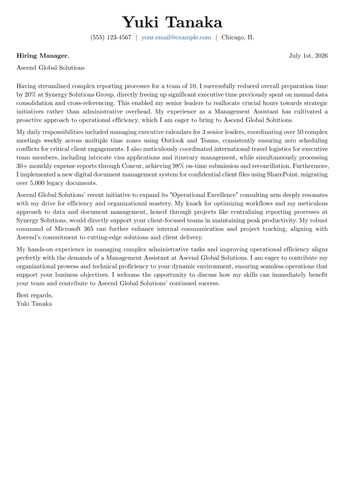 Management Assistant cover letter formatted with a JobSprout template