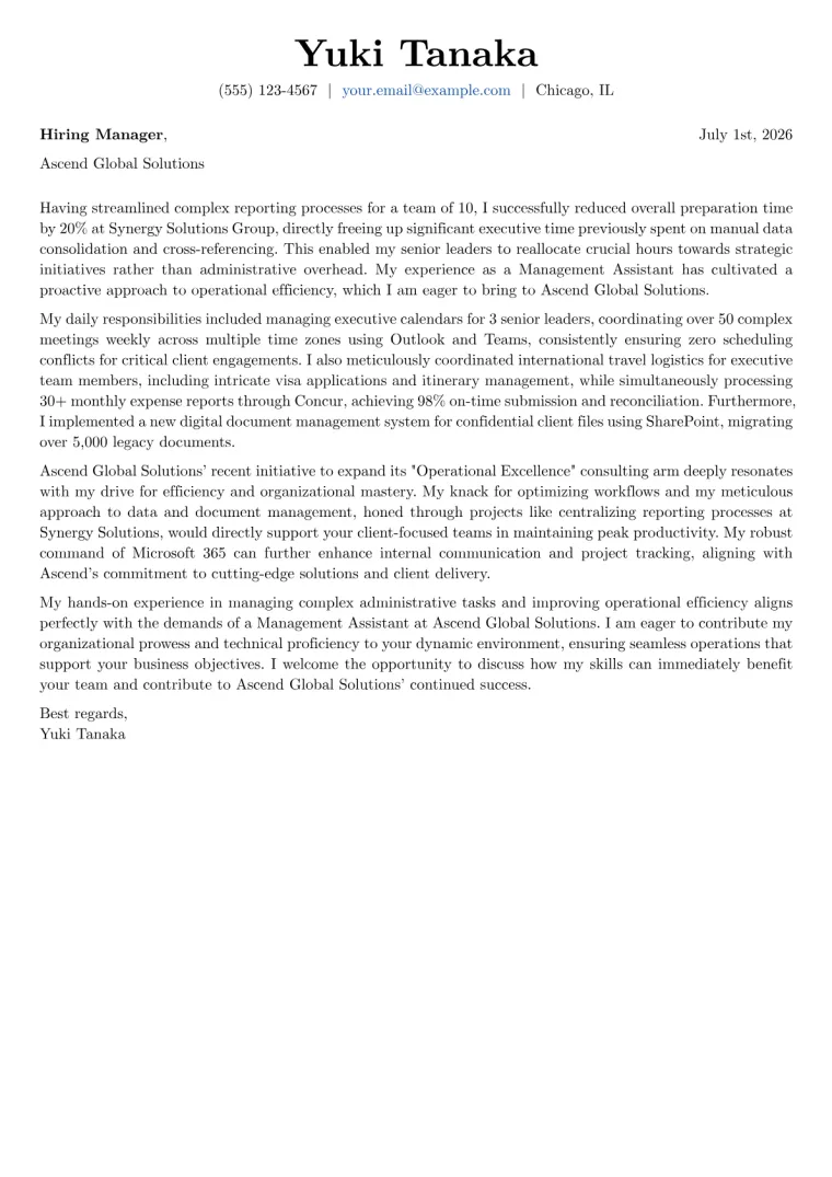 Management Assistant Cover Letter Example