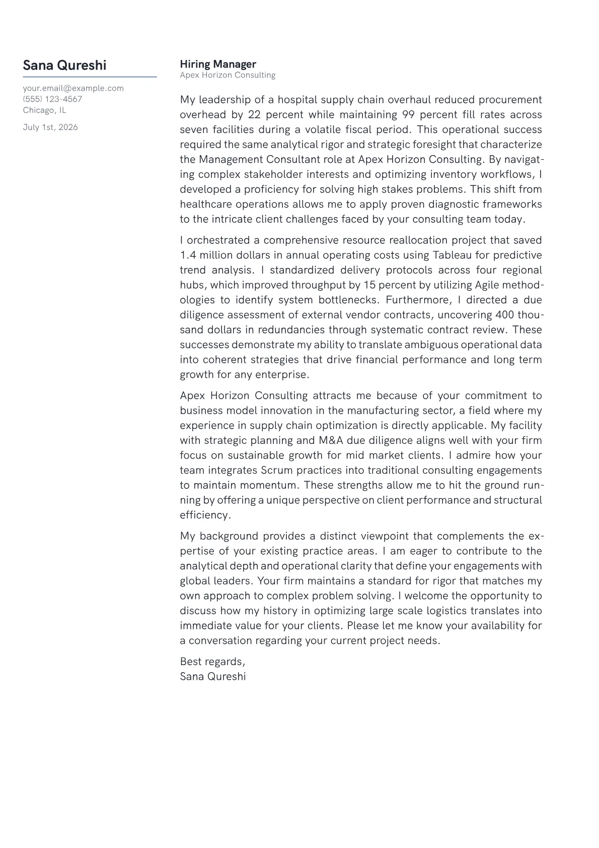 Management Consultant cover letter in the Margin design