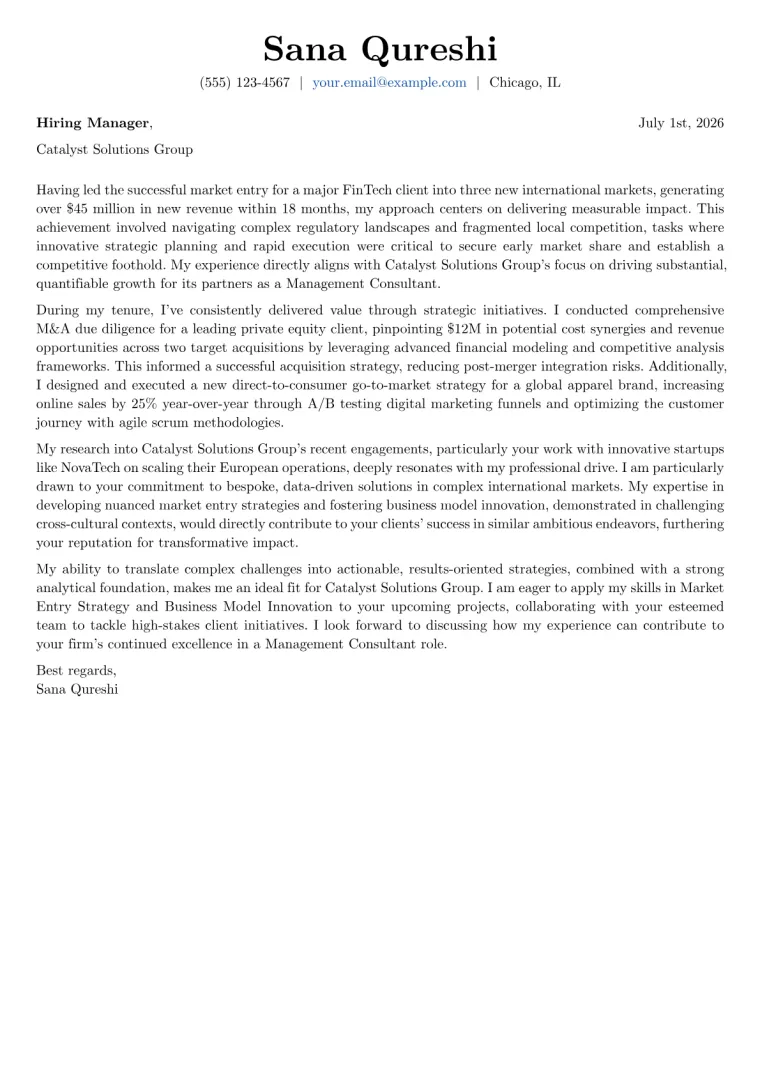 Management Consultant Cover Letter Example