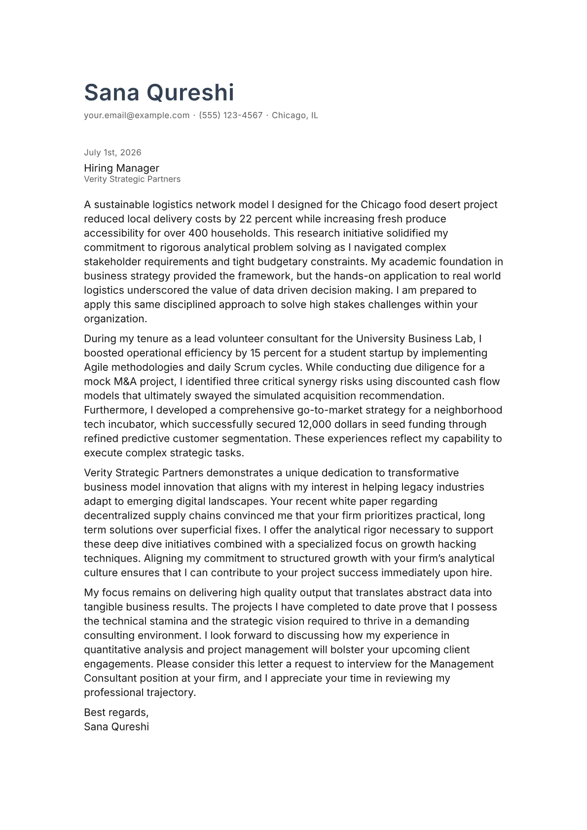 Management Consultant cover letter in the Minimal design