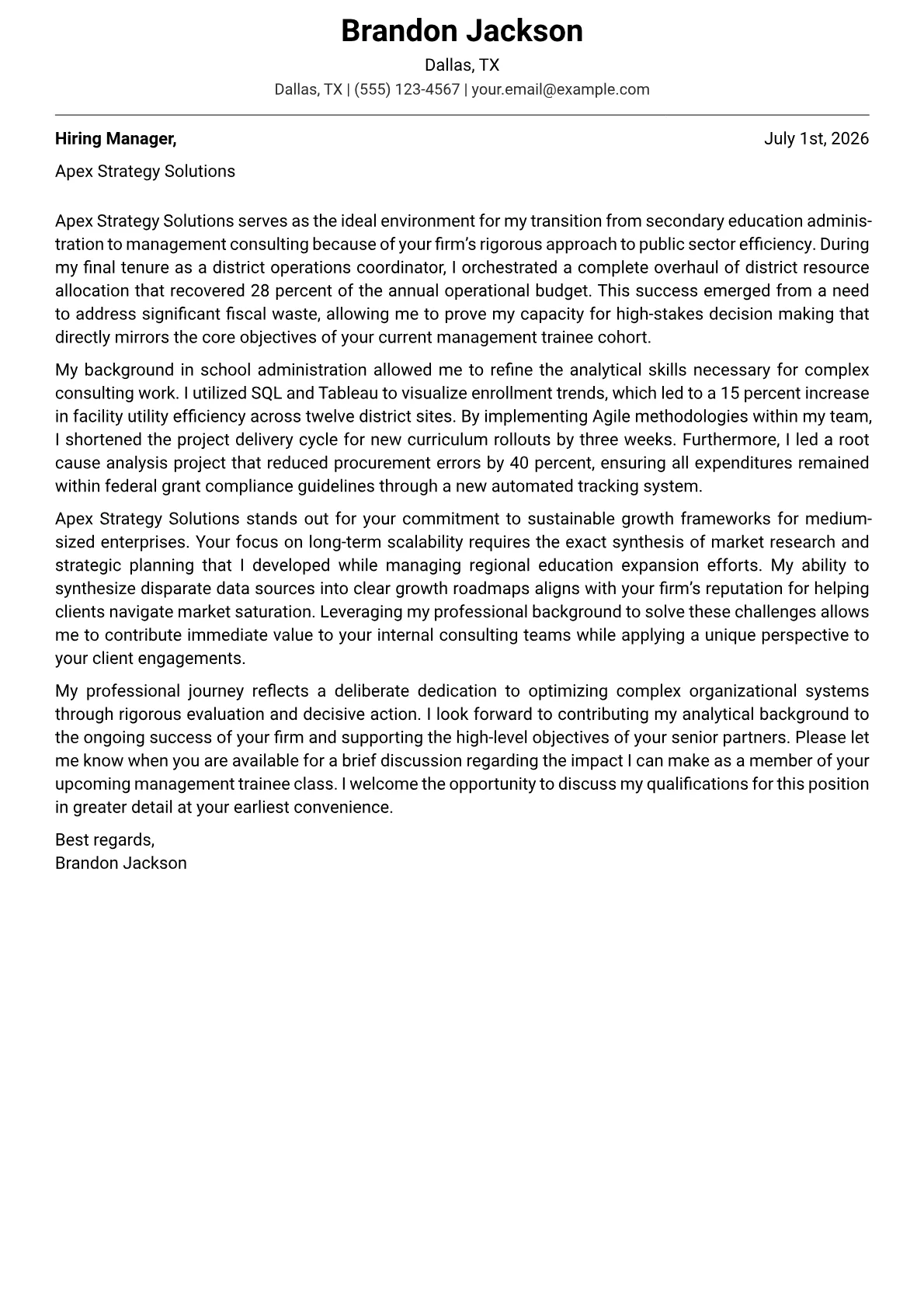 Management Trainee cover letter in the Modern design