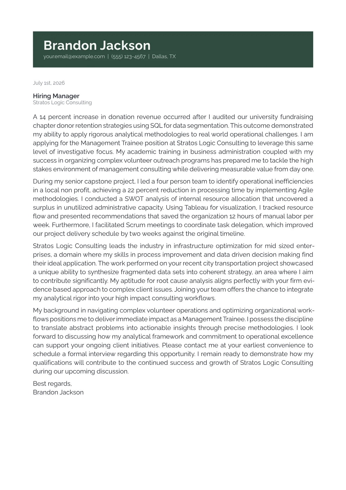 Management Trainee cover letter in the Banner design
