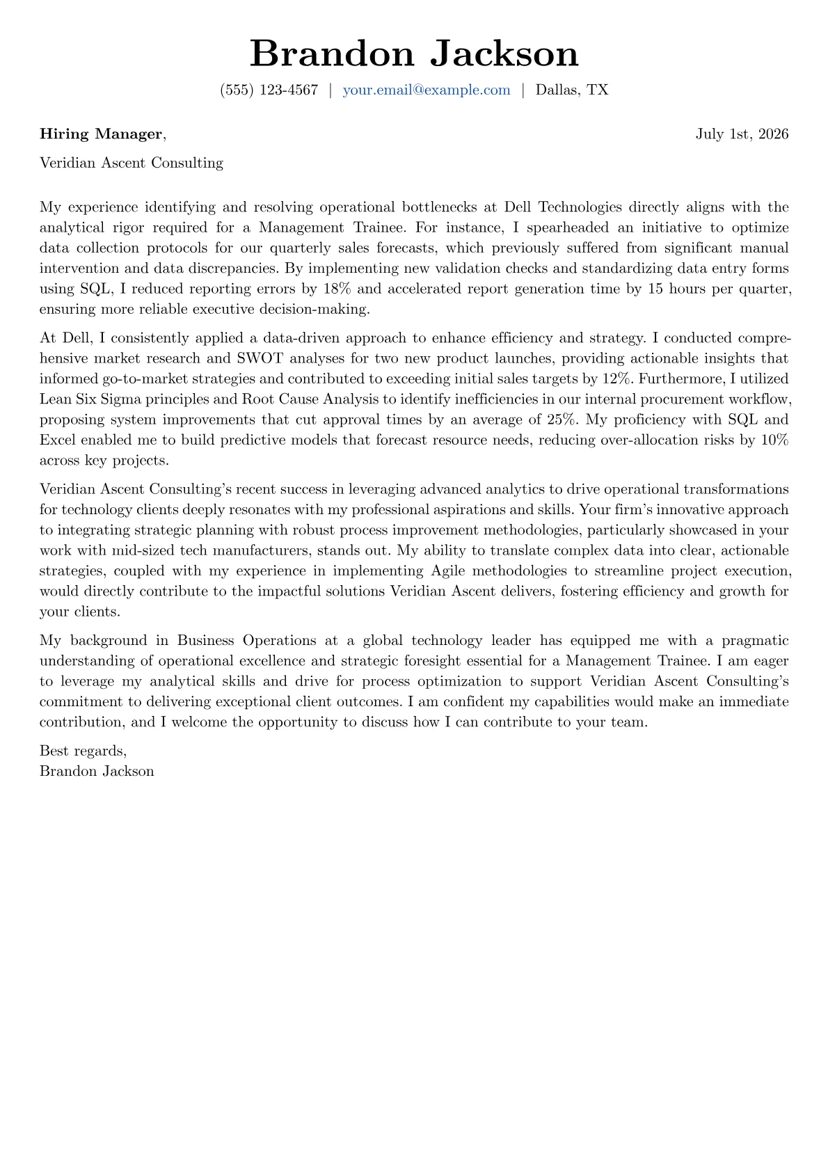 Management Trainee cover letter formatted with a JobSprout template