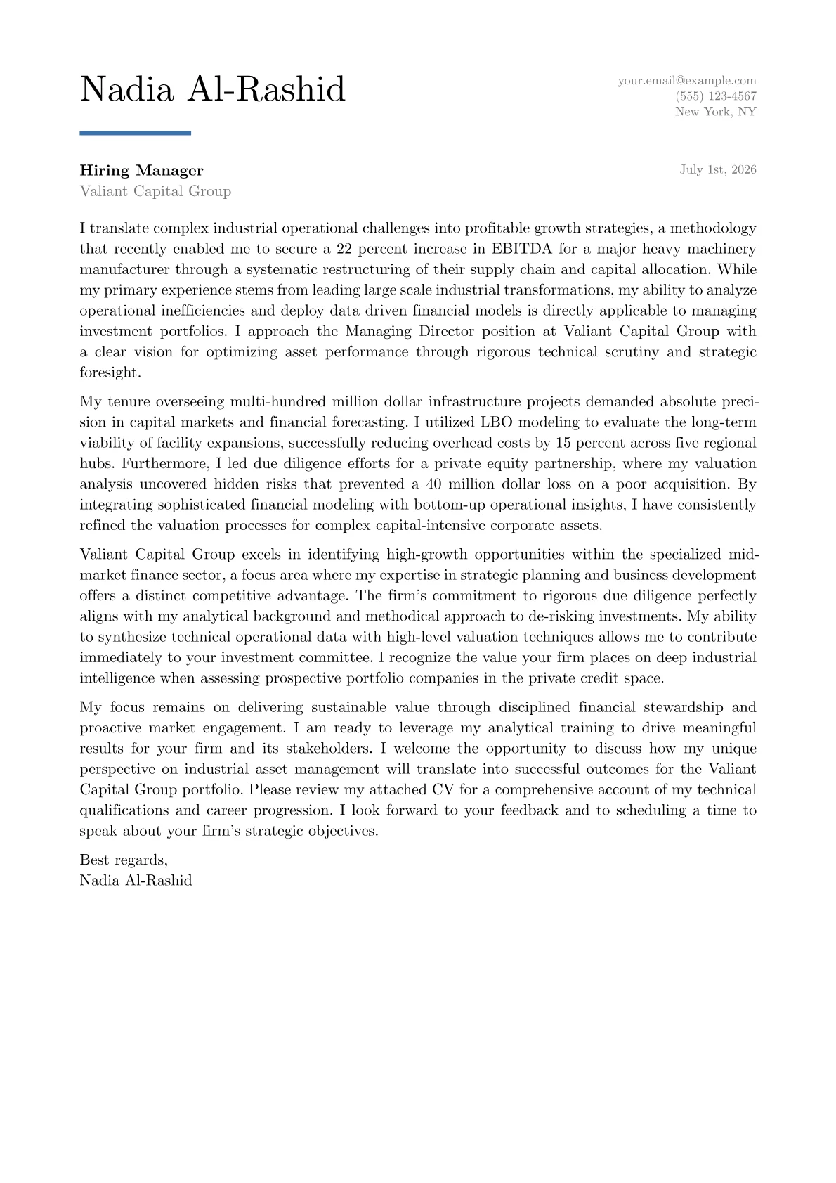 Managing Director cover letter in the Executive design
