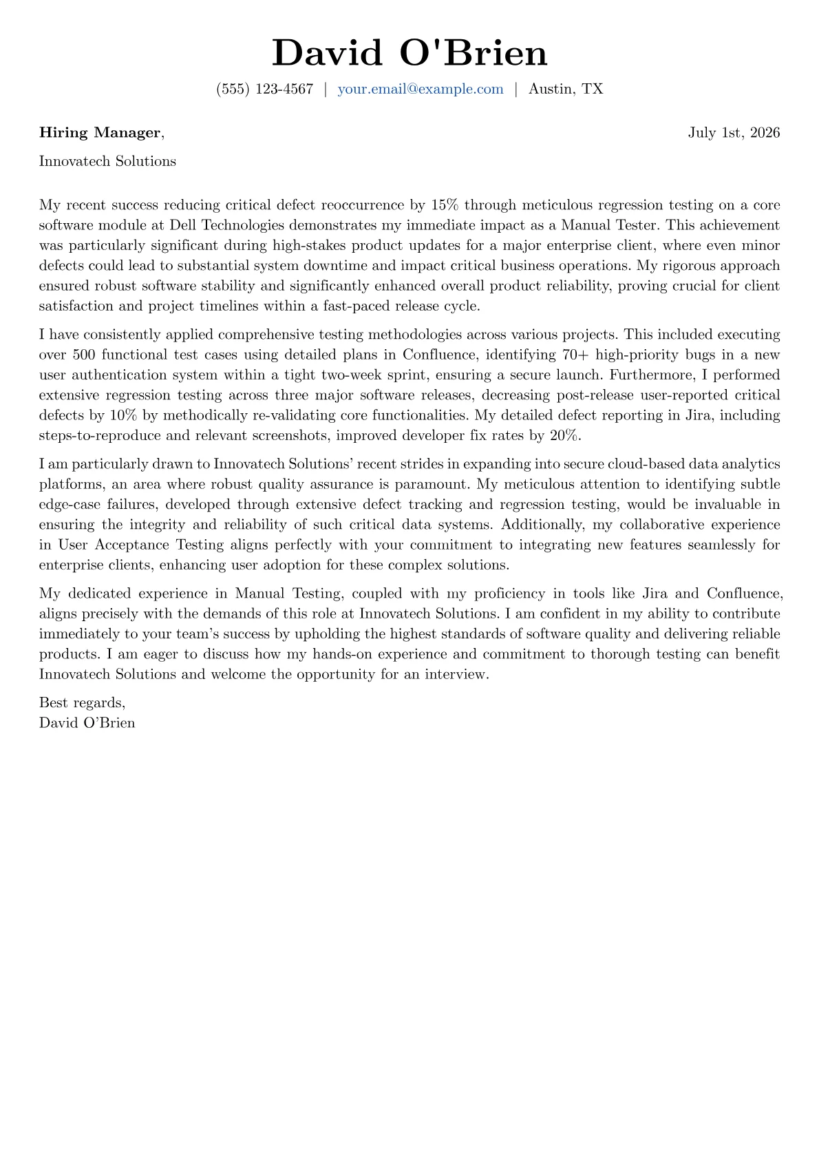 Manual Tester cover letter formatted with a JobSprout template