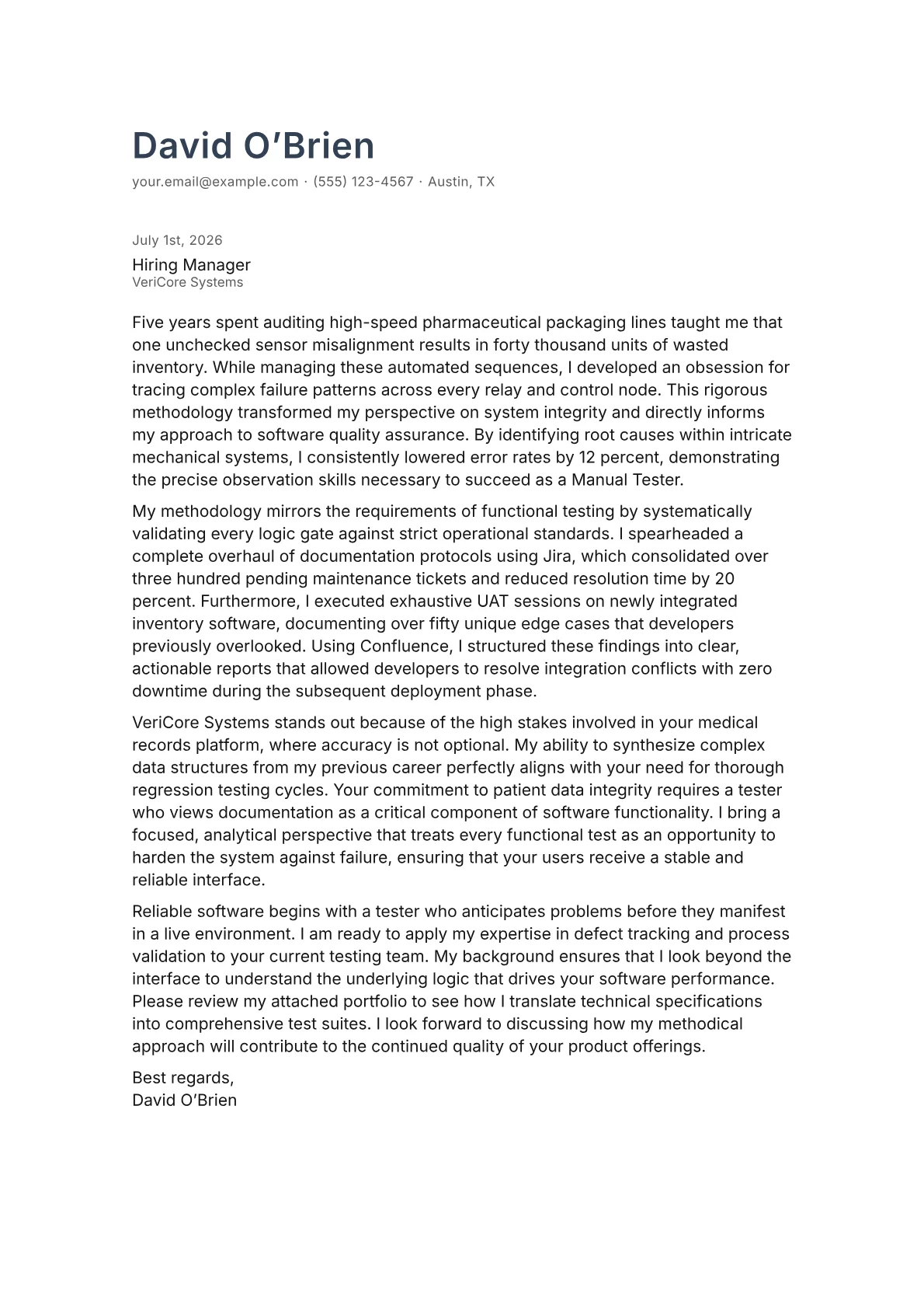 Manual Tester cover letter in the Minimal design