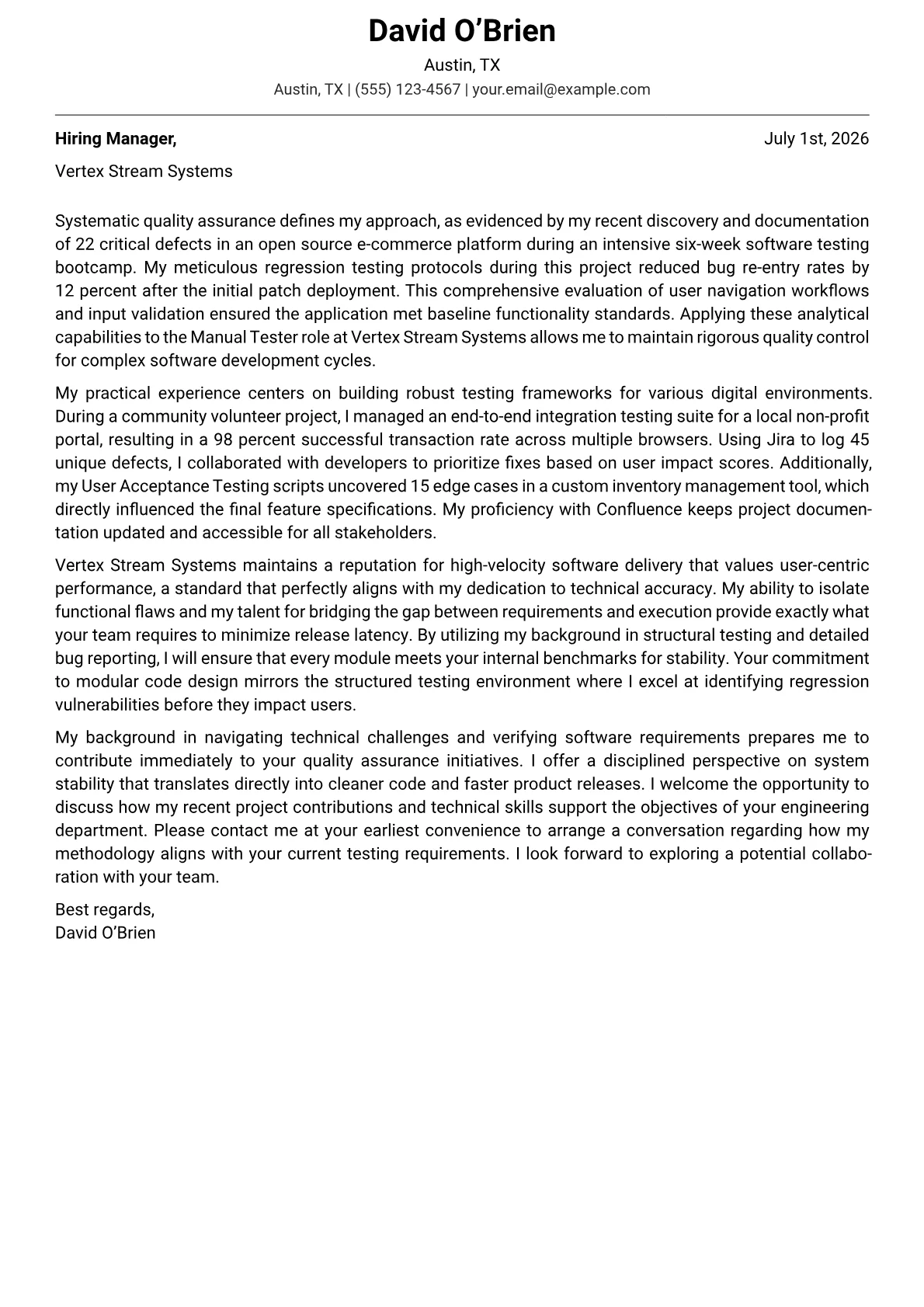Manual Tester cover letter in the Modern design