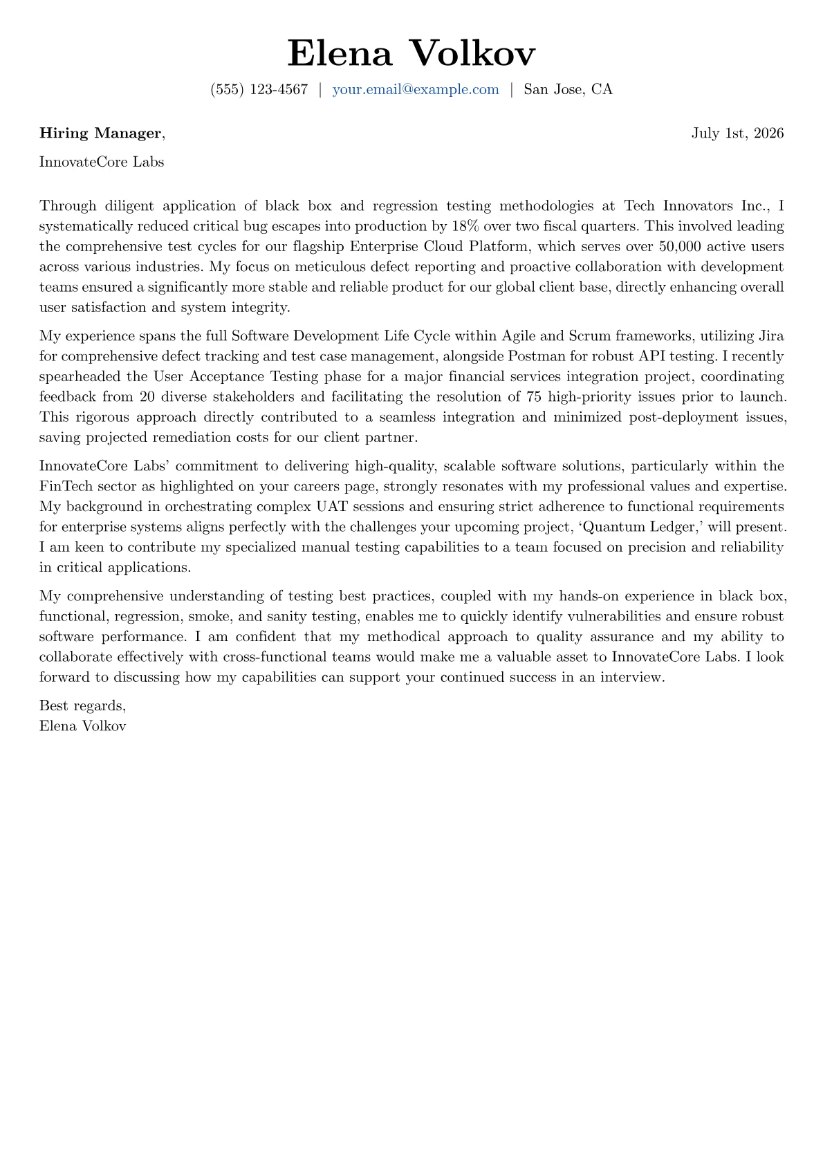 Manual Testing cover letter formatted with a JobSprout template