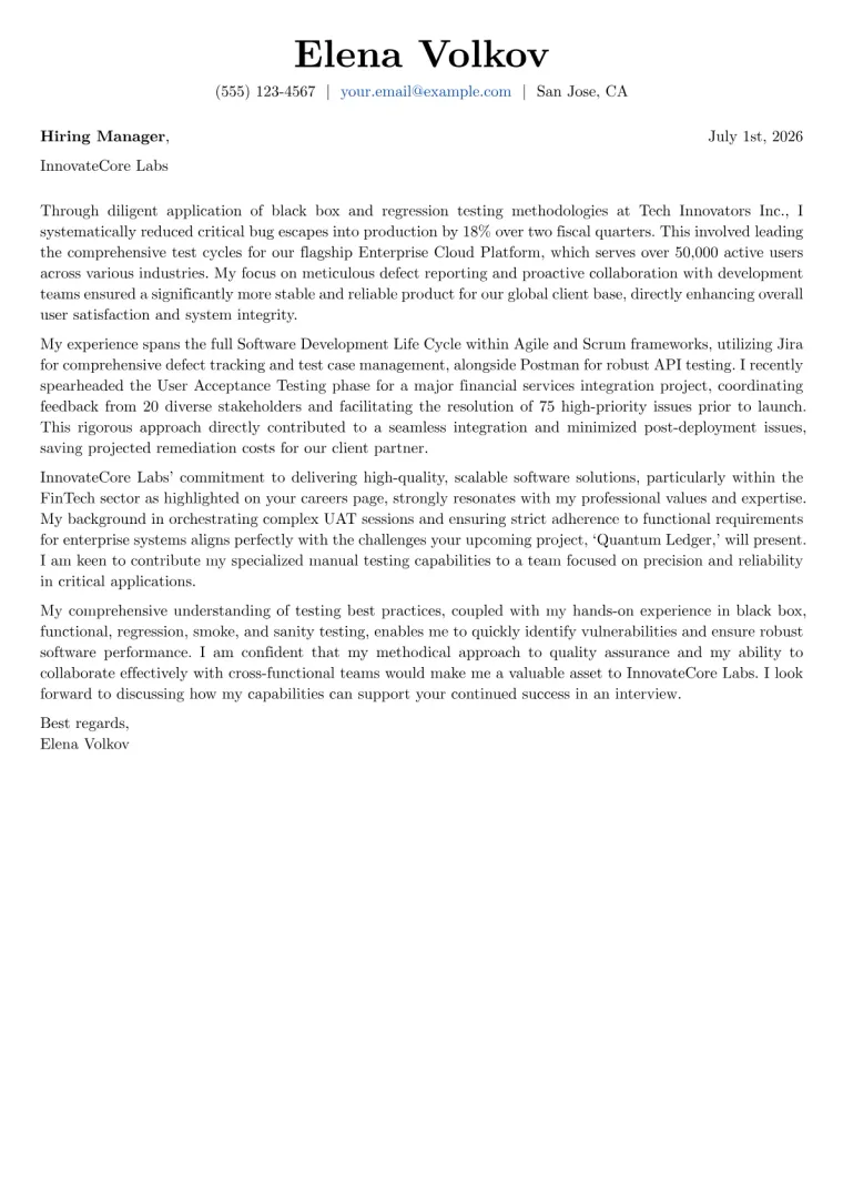 Manual Testing cover letter example preview
