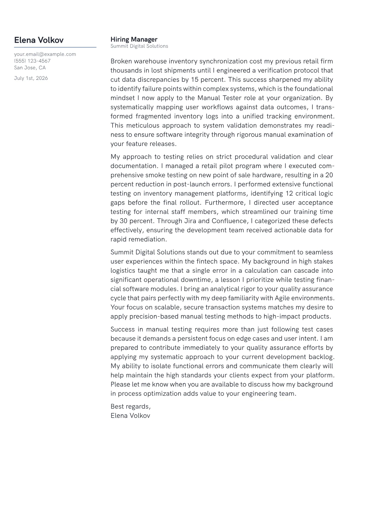 Manual Testing cover letter in the Margin design