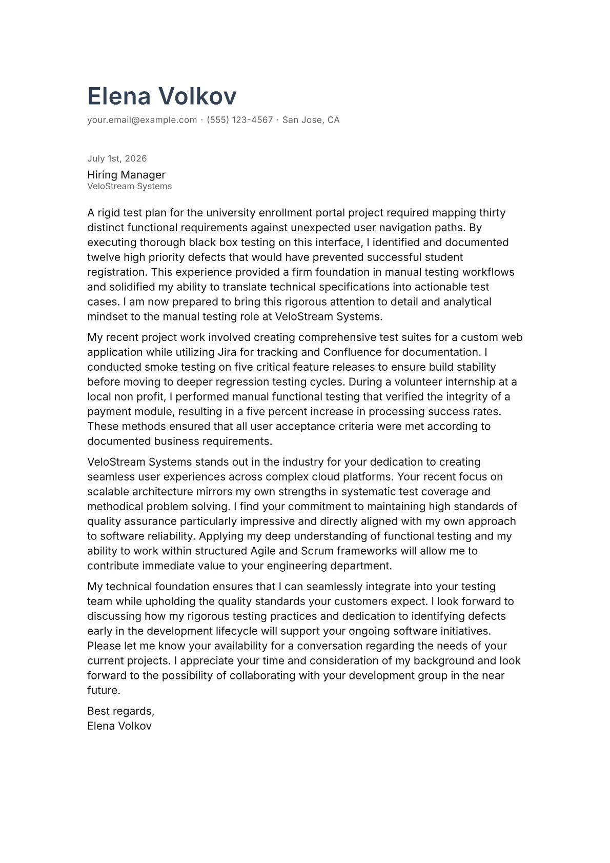 Manual Testing cover letter in the Minimal design