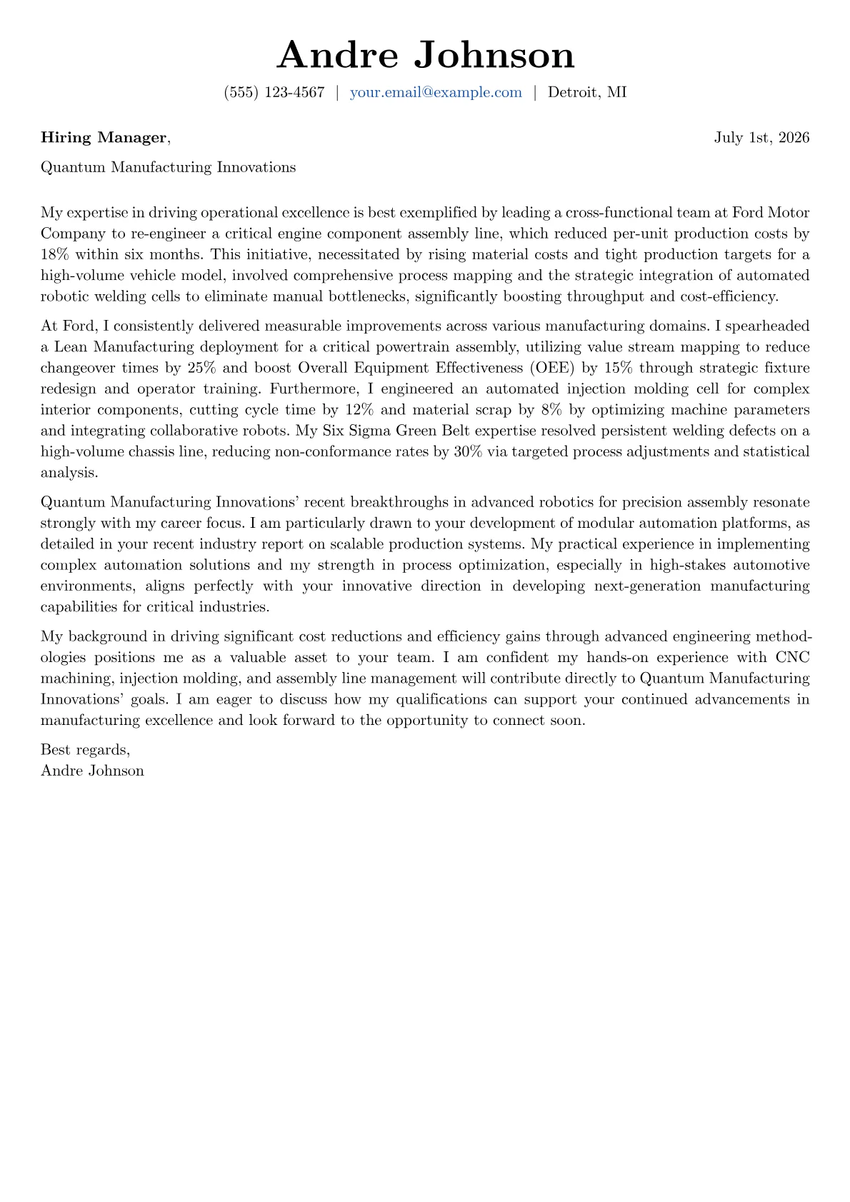 Manufacturing Engineer cover letter formatted with a JobSprout template