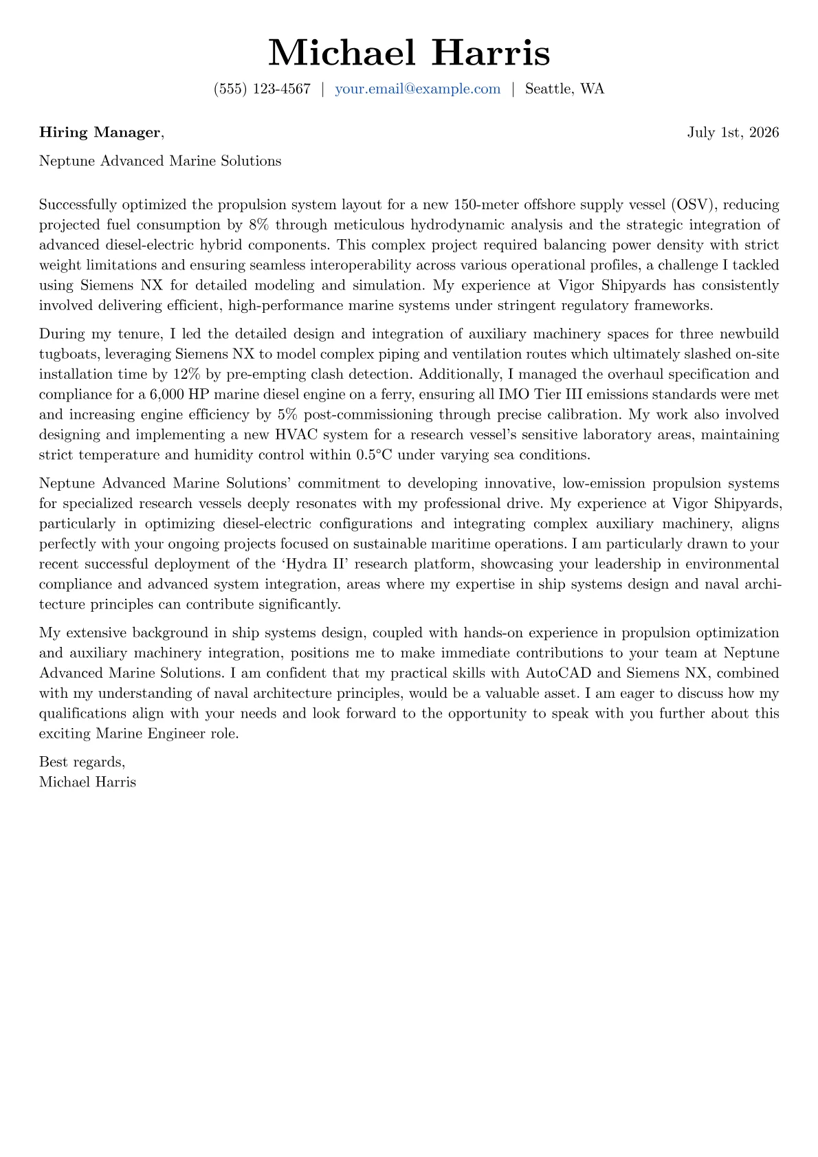 Marine Engineer cover letter formatted with a JobSprout template