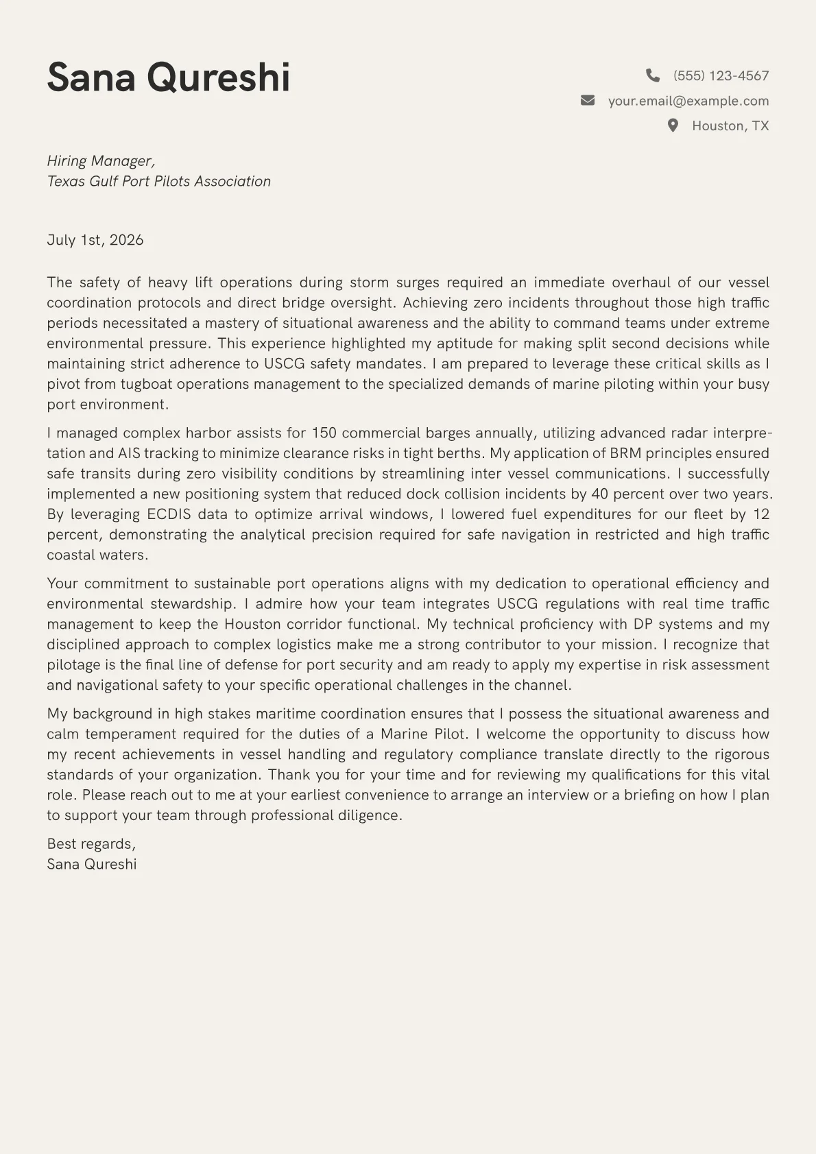Marine Pilot cover letter in the Creative design