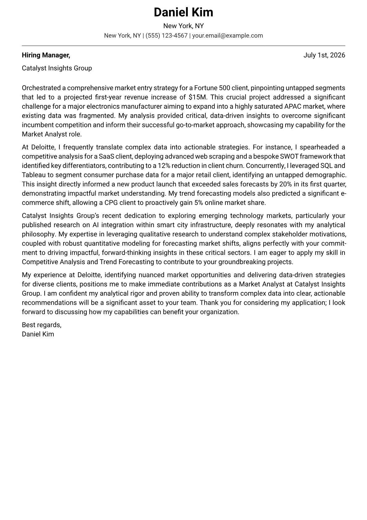 Market Analyst cover letter formatted with a JobSprout template