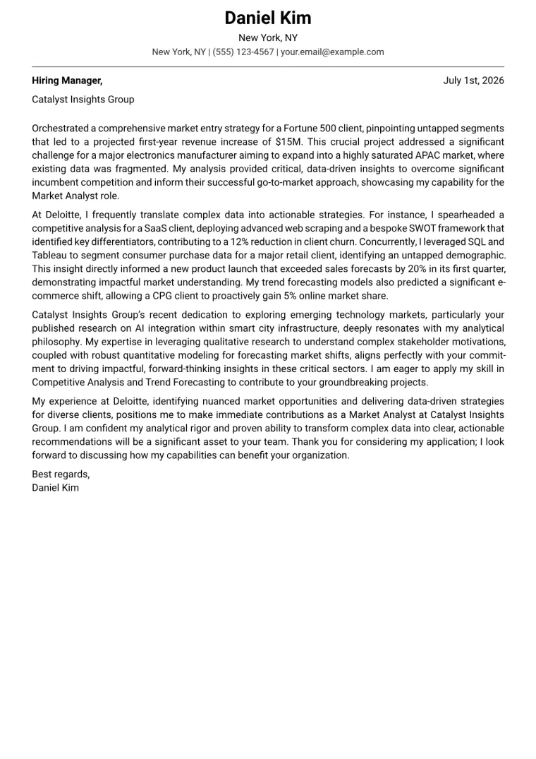 Market Analyst cover letter example preview