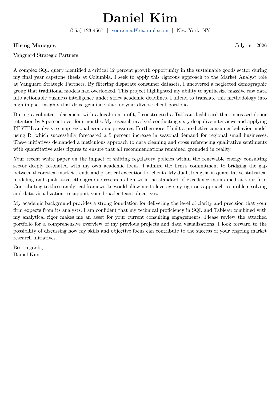 Market Analyst cover letter in the Basic design