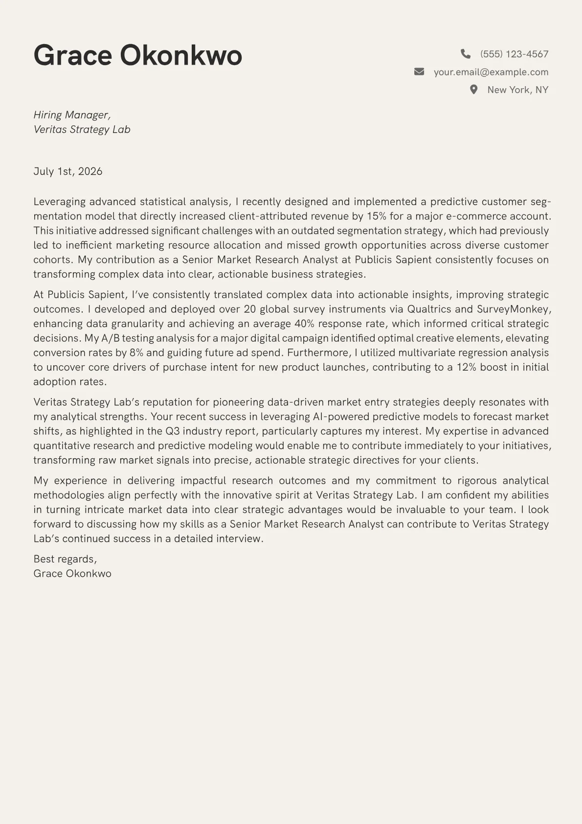 Market Research Analyst cover letter formatted with a JobSprout template