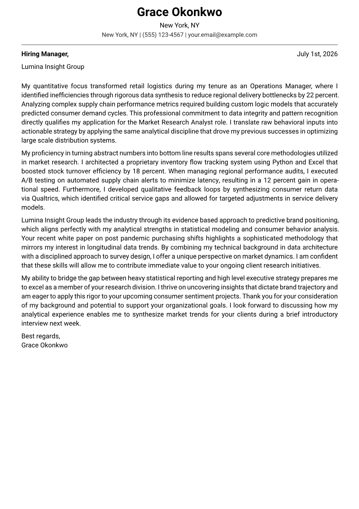 Market Research Analyst cover letter in the Modern design
