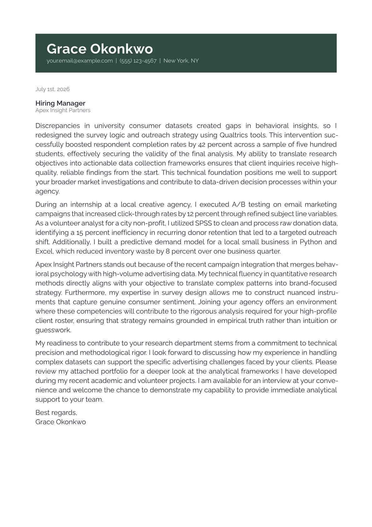 Market Research Analyst cover letter in the Banner design