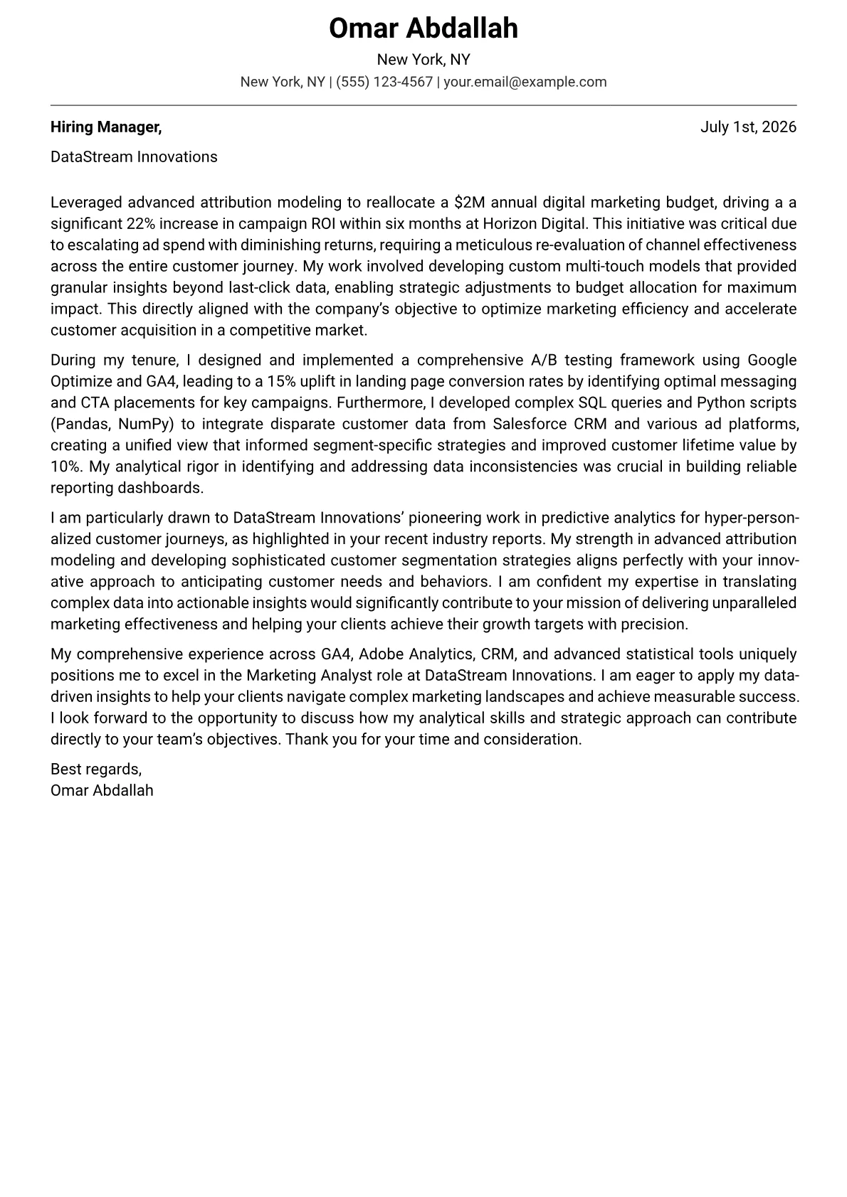 Marketing Analyst cover letter formatted with a JobSprout template