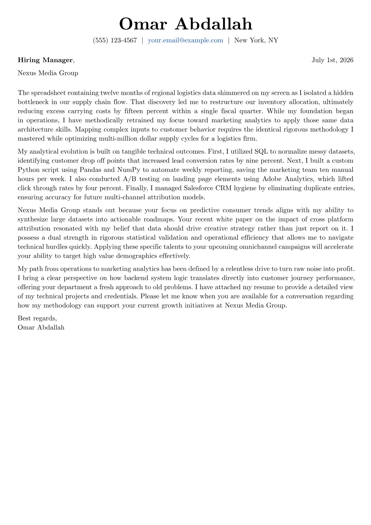 Marketing Analyst cover letter in the Basic design