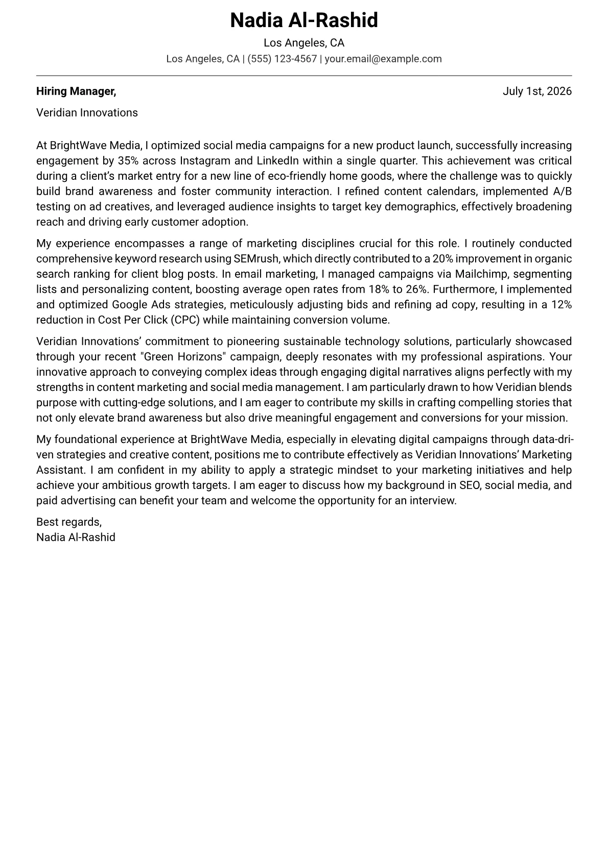 Marketing Assistant cover letter formatted with a JobSprout template
