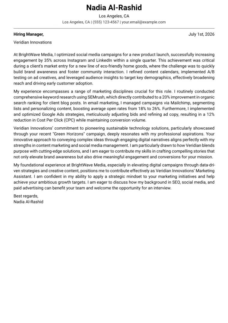 Marketing Assistant Cover Letter Example