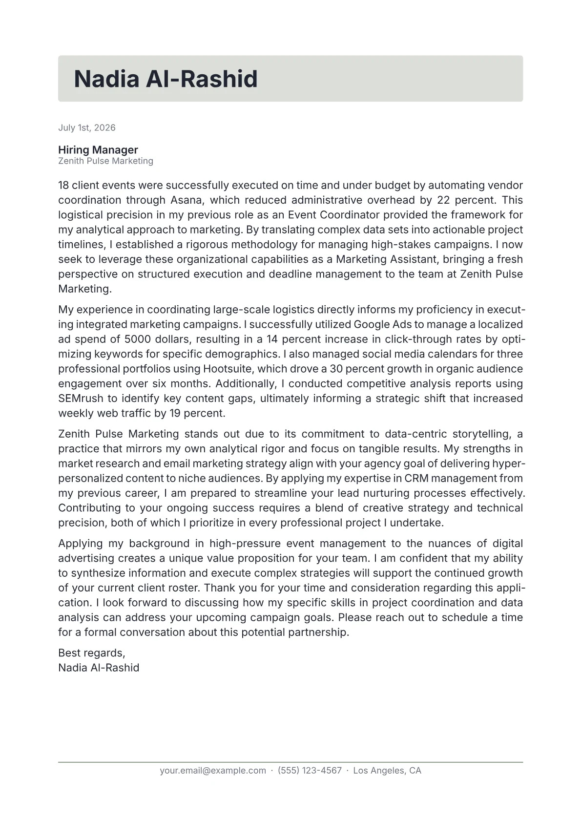 Marketing Assistant cover letter in the Letterhead design
