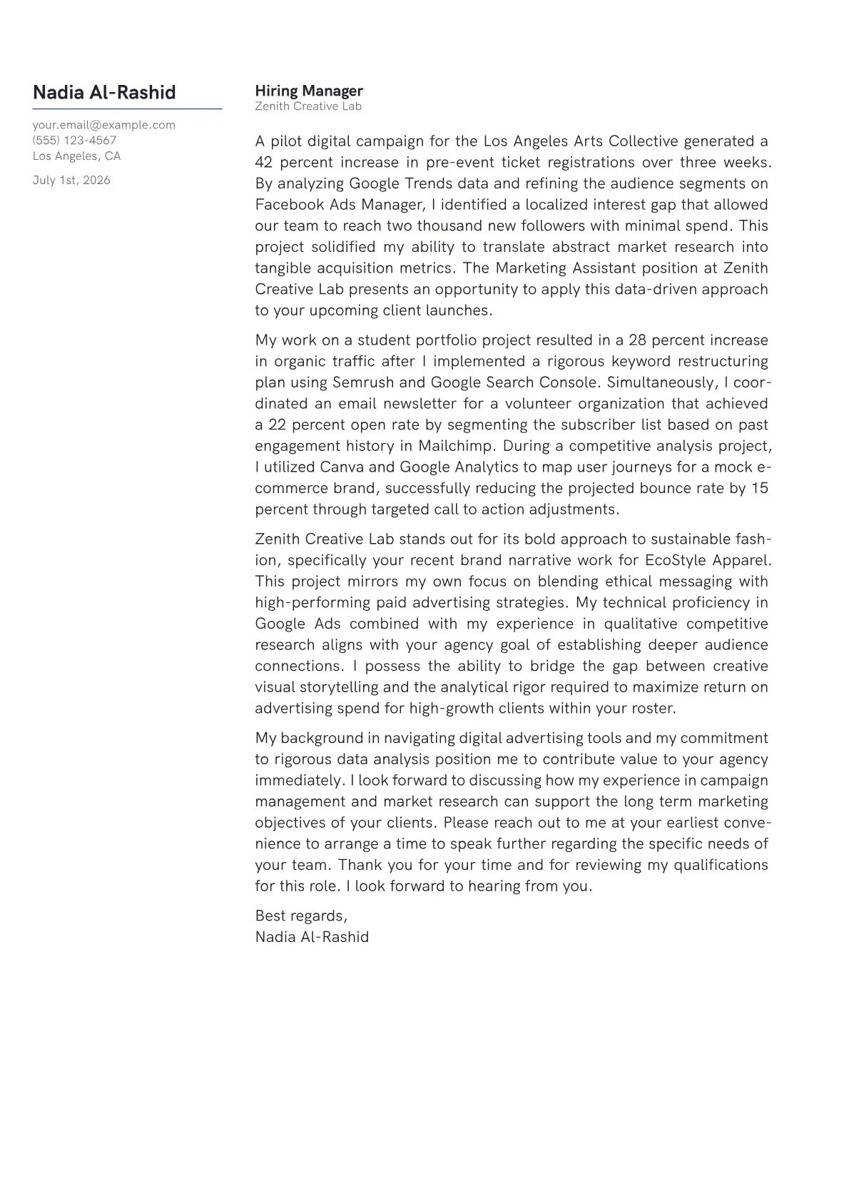 Marketing Assistant cover letter in the Margin design